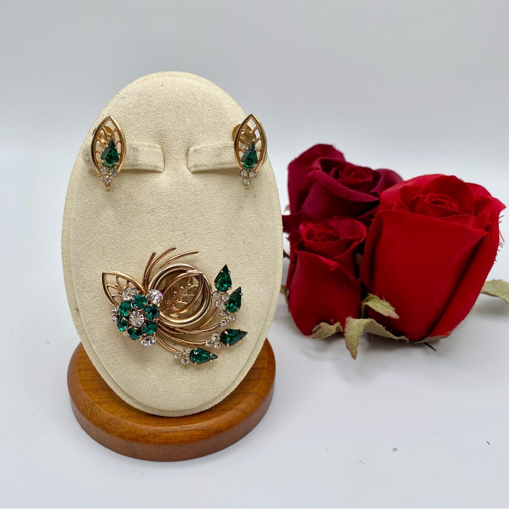 Petite VTG Green Rhinestone Floral & Leaf Collar/Lapel Brooch Earrings Set